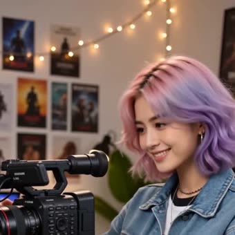 A photorealistic AI-generated woman with pink and lilac hair, behind a camera.