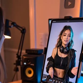 A photorealistic AI-generated woman at a DJ setup.